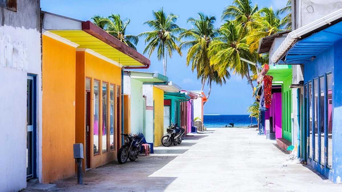 Farbenfrohe Häuser und Palmen auf der lokalen Insel Maafushi auf den Malediven mit Blick auf das Meer